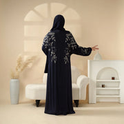 Navy Blue Pleated Abaya Set | Beaded Robe Abaya with Silver Embroidery (ABA168)
